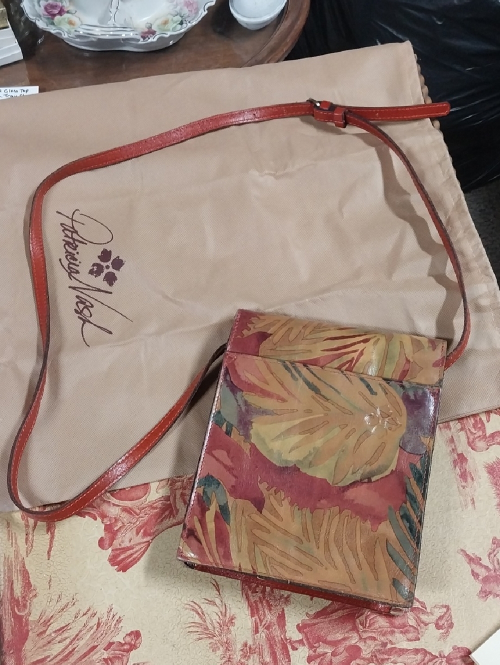 Vtg. Patricia Nash Tropical Dreams Multicolor Leather Crossbody Bag - Red Strap